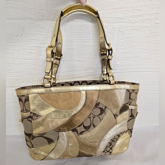 Coach Mosaic Leather Patchwork Shoulder Tote Bag in Gold and Tan F0993-F14004 - Picture 3 of 17